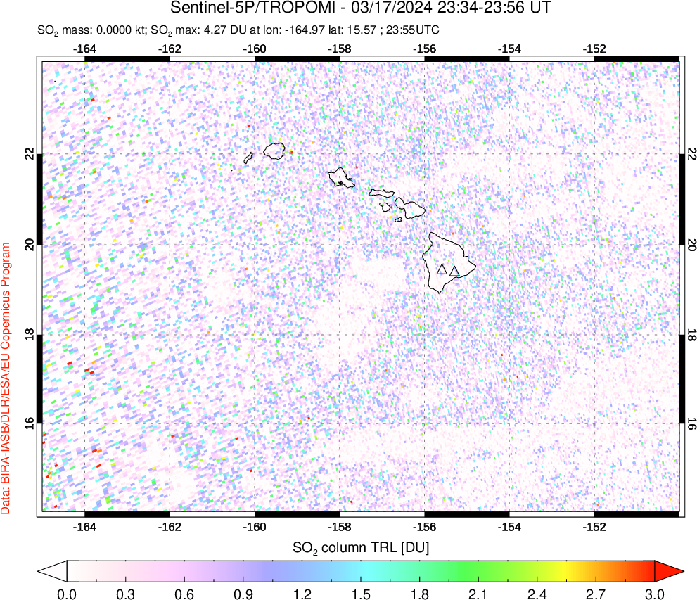 A sulfur dioxide image over Hawaii, USA on Mar 17, 2024.