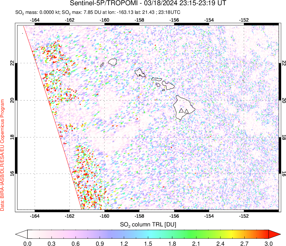 A sulfur dioxide image over Hawaii, USA on Mar 18, 2024.