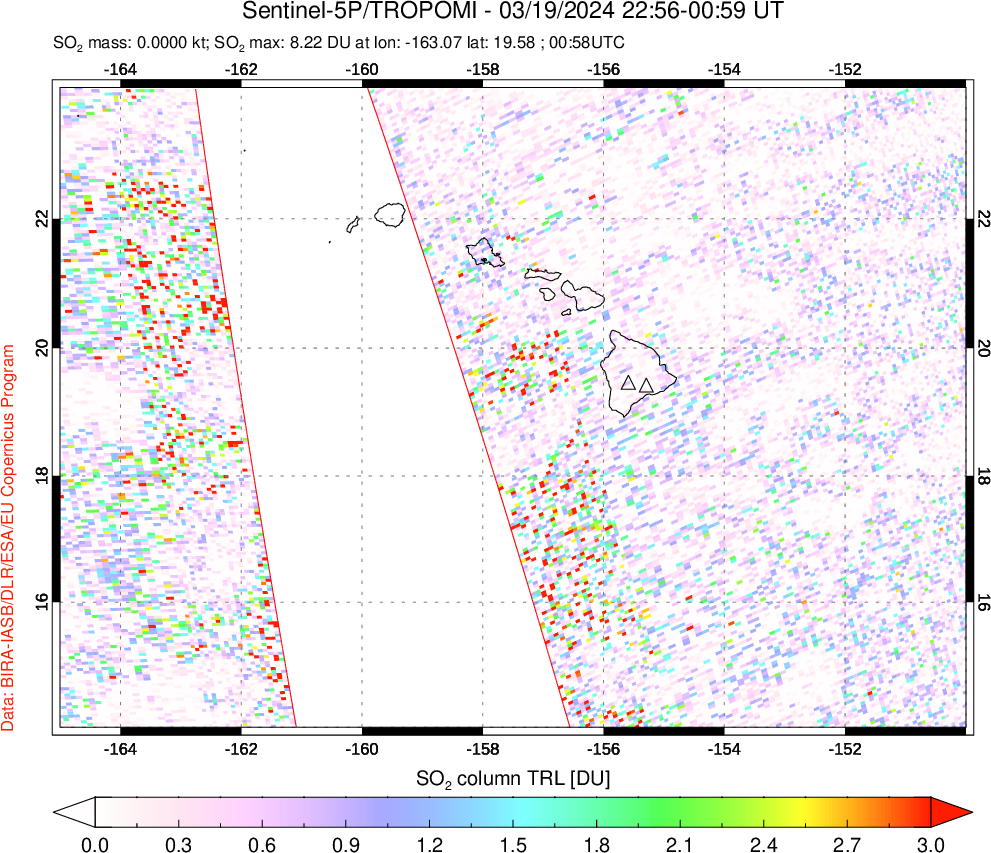 A sulfur dioxide image over Hawaii, USA on Mar 19, 2024.