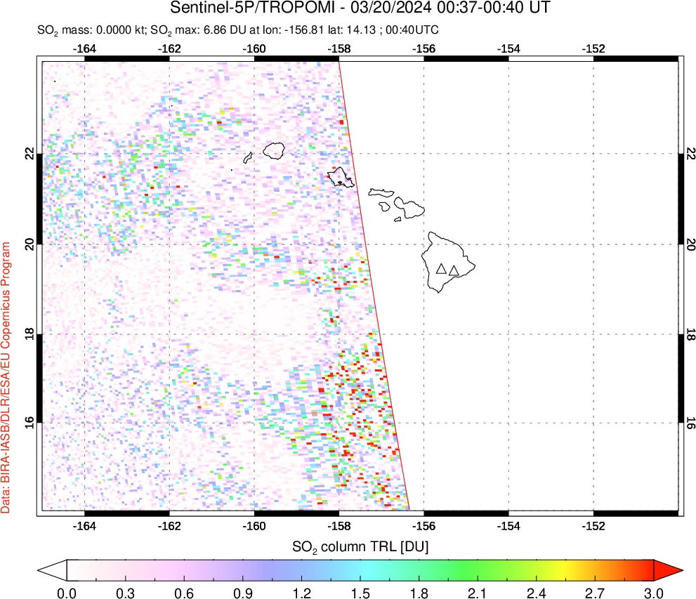 A sulfur dioxide image over Hawaii, USA on Mar 20, 2024.