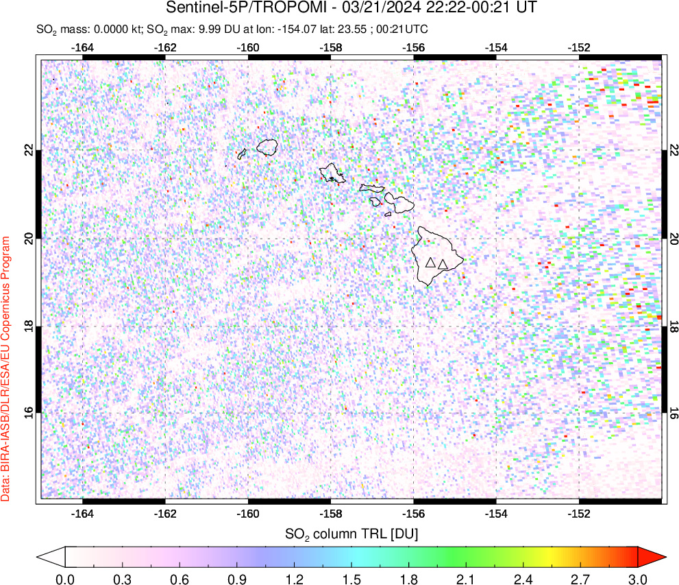 A sulfur dioxide image over Hawaii, USA on Mar 21, 2024.