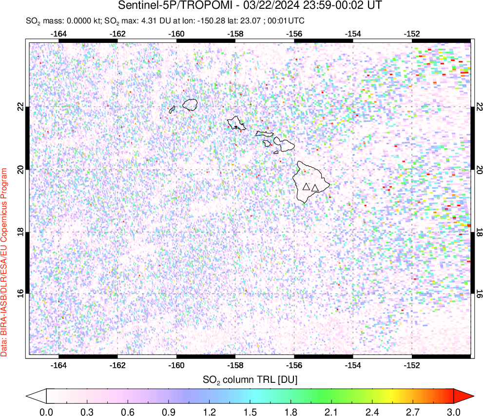 A sulfur dioxide image over Hawaii, USA on Mar 22, 2024.