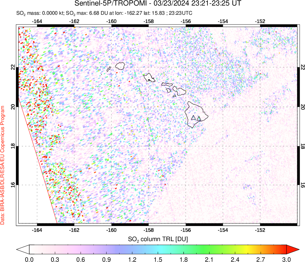 A sulfur dioxide image over Hawaii, USA on Mar 23, 2024.