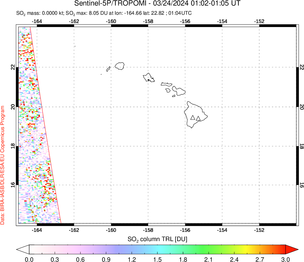 A sulfur dioxide image over Hawaii, USA on Mar 24, 2024.