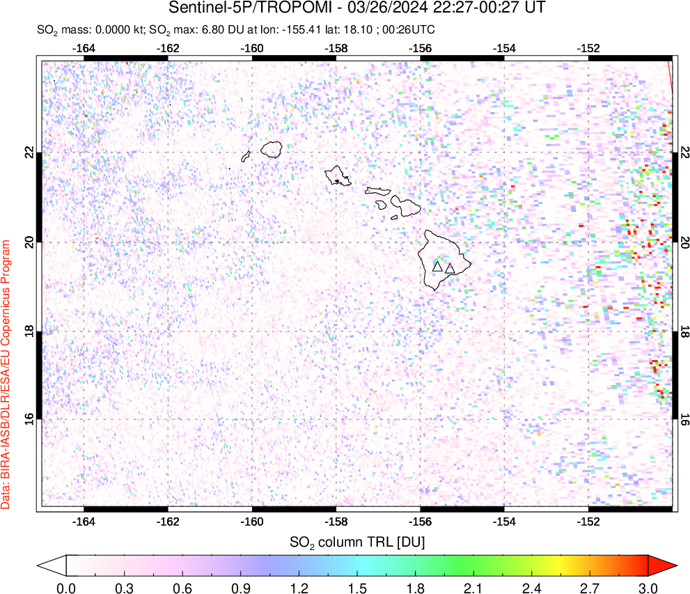 A sulfur dioxide image over Hawaii, USA on Mar 26, 2024.