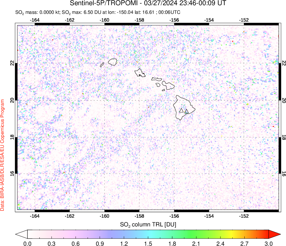 A sulfur dioxide image over Hawaii, USA on Mar 27, 2024.