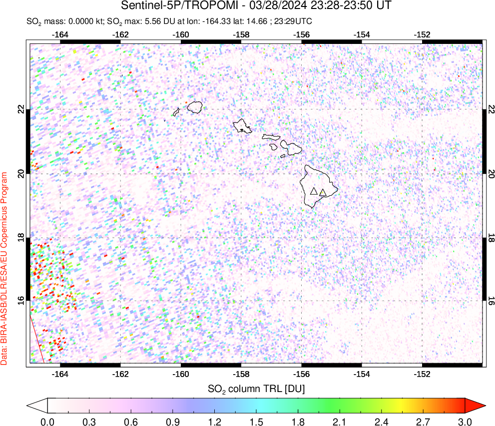 A sulfur dioxide image over Hawaii, USA on Mar 28, 2024.