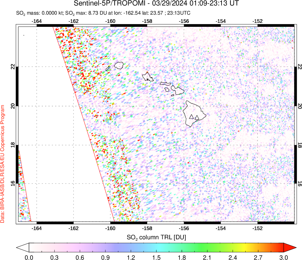 A sulfur dioxide image over Hawaii, USA on Mar 29, 2024.