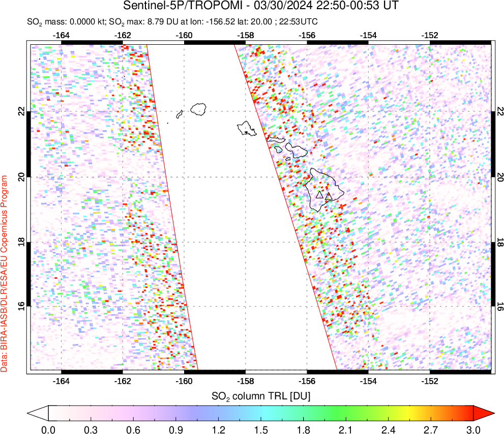 A sulfur dioxide image over Hawaii, USA on Mar 30, 2024.