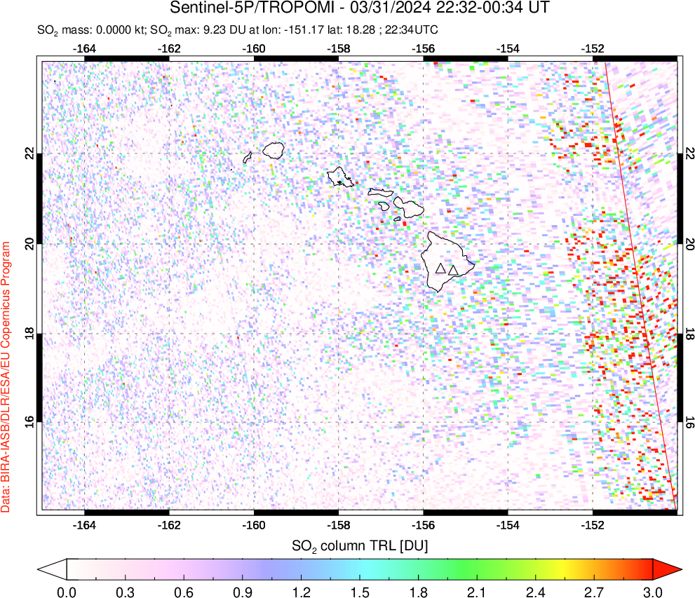 A sulfur dioxide image over Hawaii, USA on Mar 31, 2024.