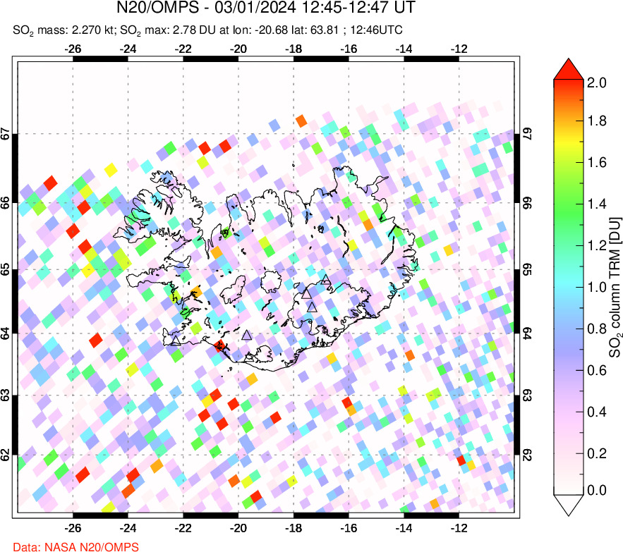 A sulfur dioxide image over Iceland on Mar 01, 2024.