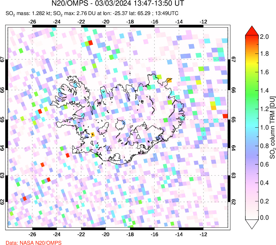 A sulfur dioxide image over Iceland on Mar 03, 2024.