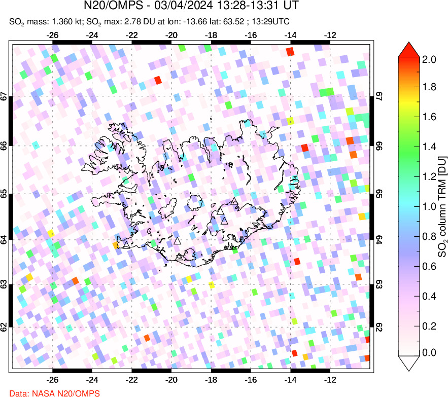 A sulfur dioxide image over Iceland on Mar 04, 2024.