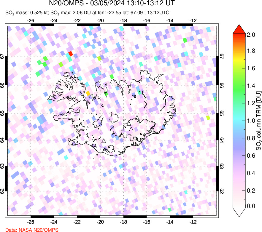 A sulfur dioxide image over Iceland on Mar 05, 2024.