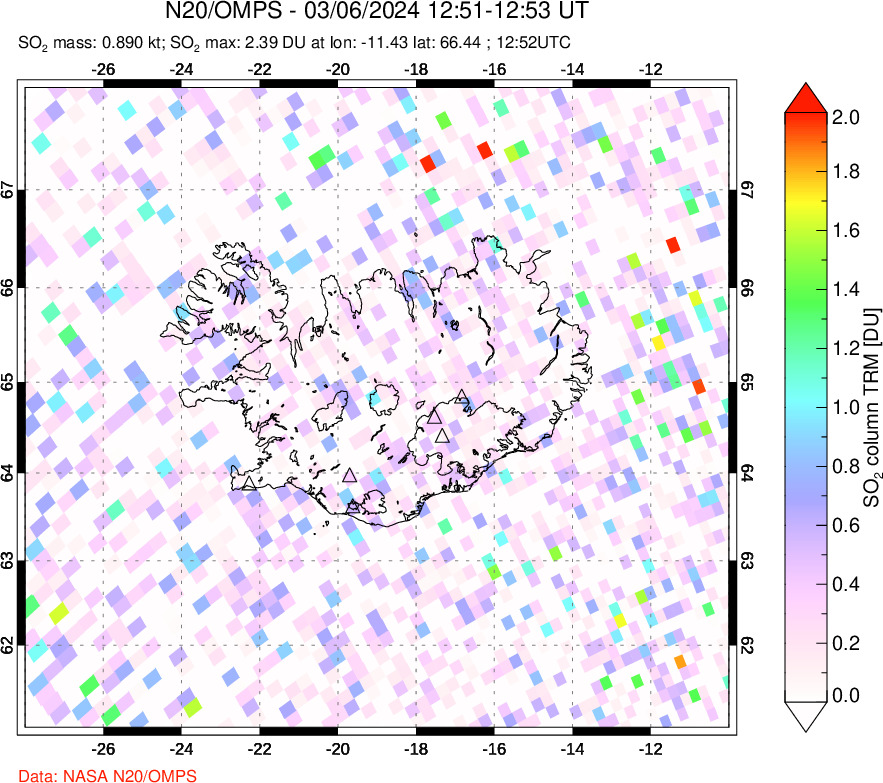 A sulfur dioxide image over Iceland on Mar 06, 2024.