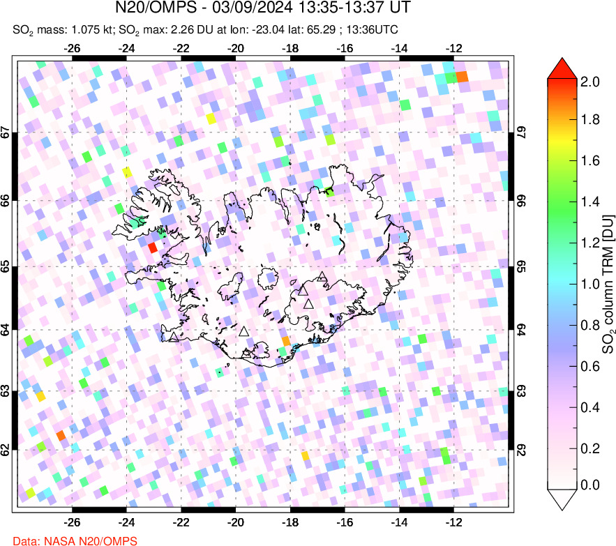 A sulfur dioxide image over Iceland on Mar 09, 2024.