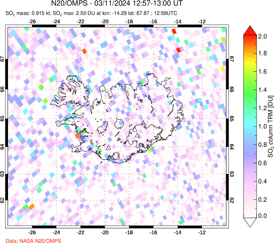 A sulfur dioxide image over Iceland on Mar 11, 2024.