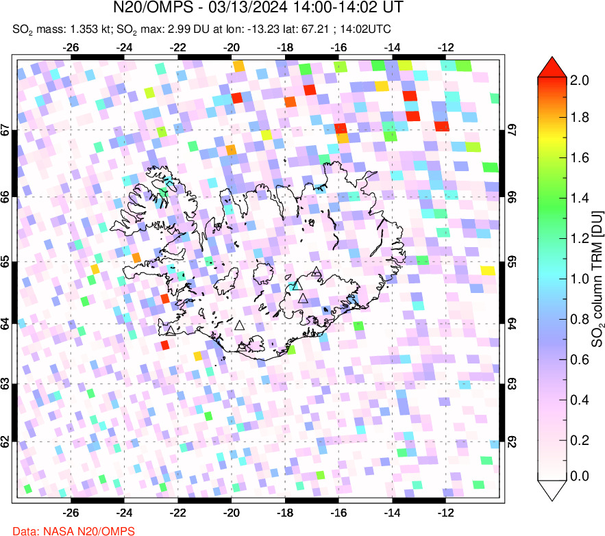 A sulfur dioxide image over Iceland on Mar 13, 2024.