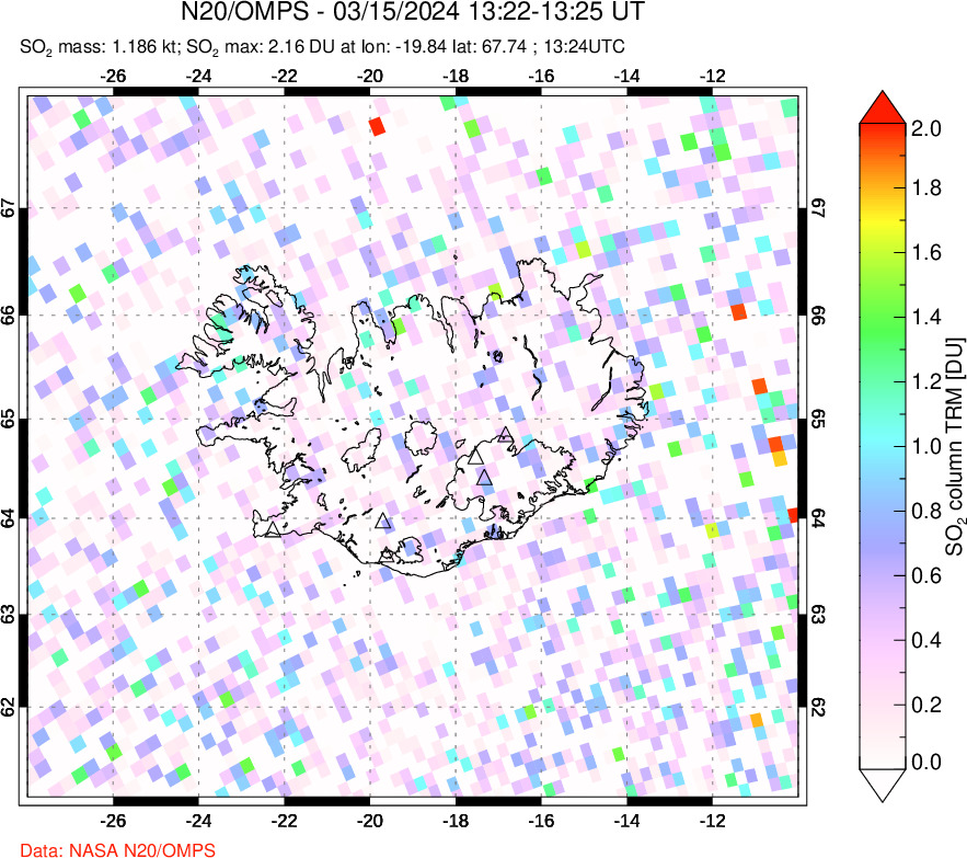 A sulfur dioxide image over Iceland on Mar 15, 2024.