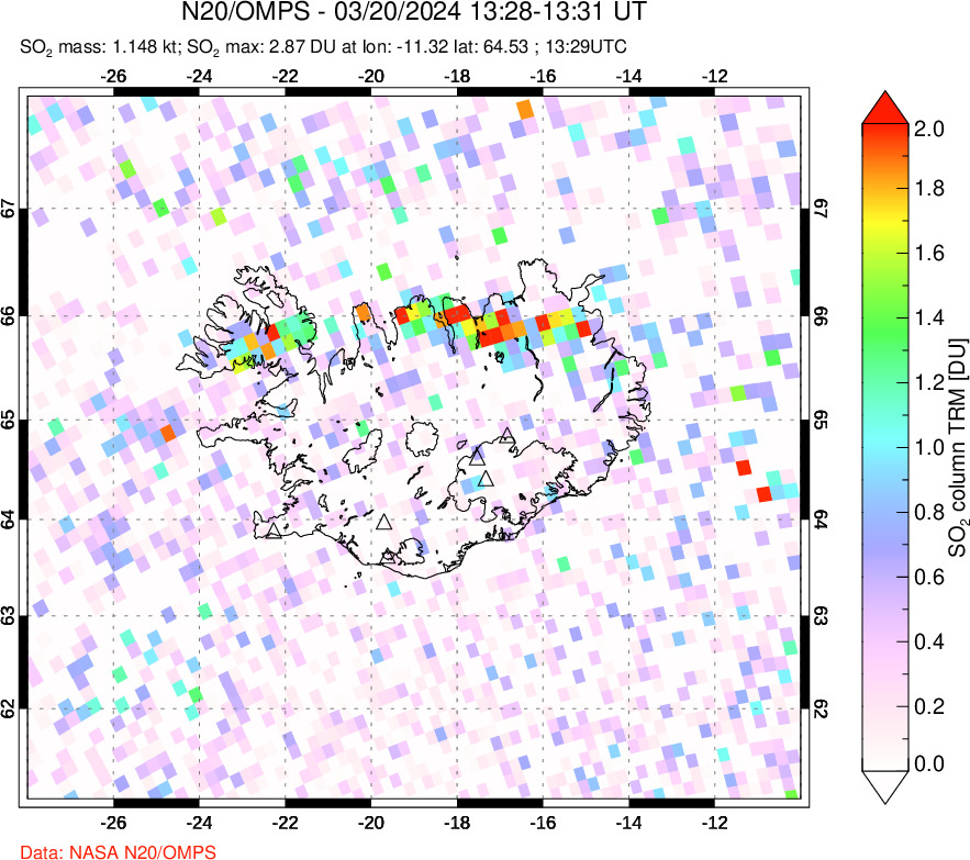 A sulfur dioxide image over Iceland on Mar 20, 2024.