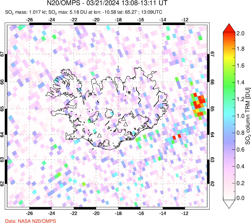 A sulfur dioxide image over Iceland on Mar 21, 2024.