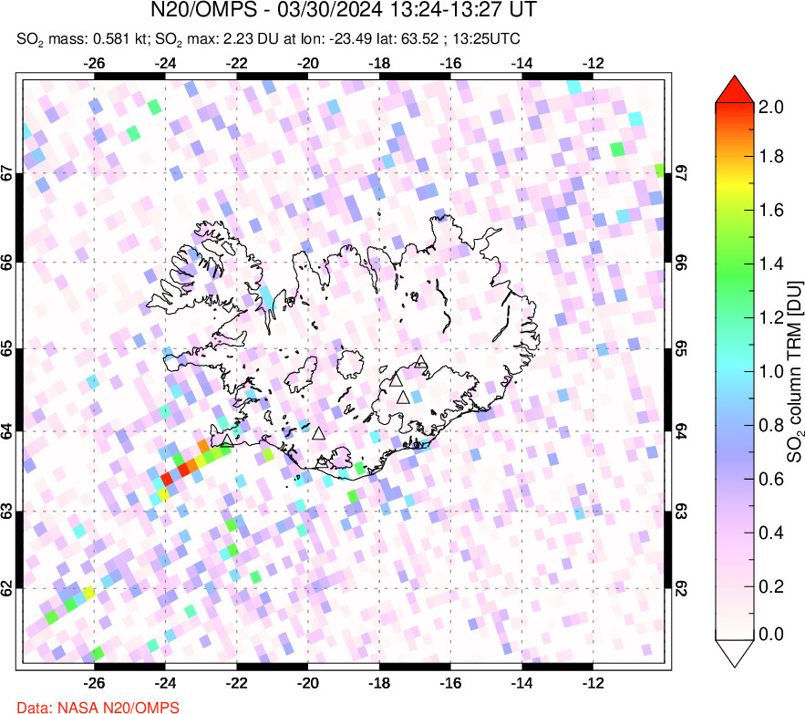 A sulfur dioxide image over Iceland on Mar 30, 2024.