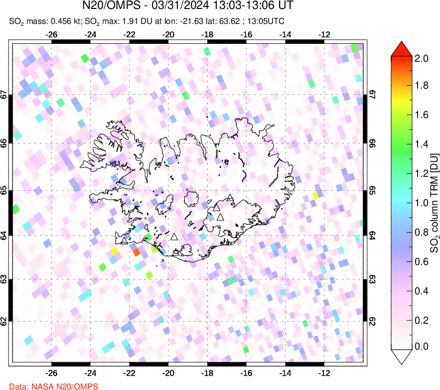 A sulfur dioxide image over Iceland on Mar 31, 2024.