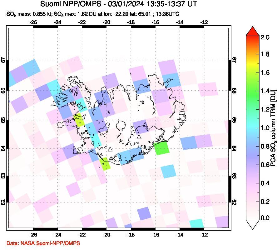 A sulfur dioxide image over Iceland on Mar 01, 2024.