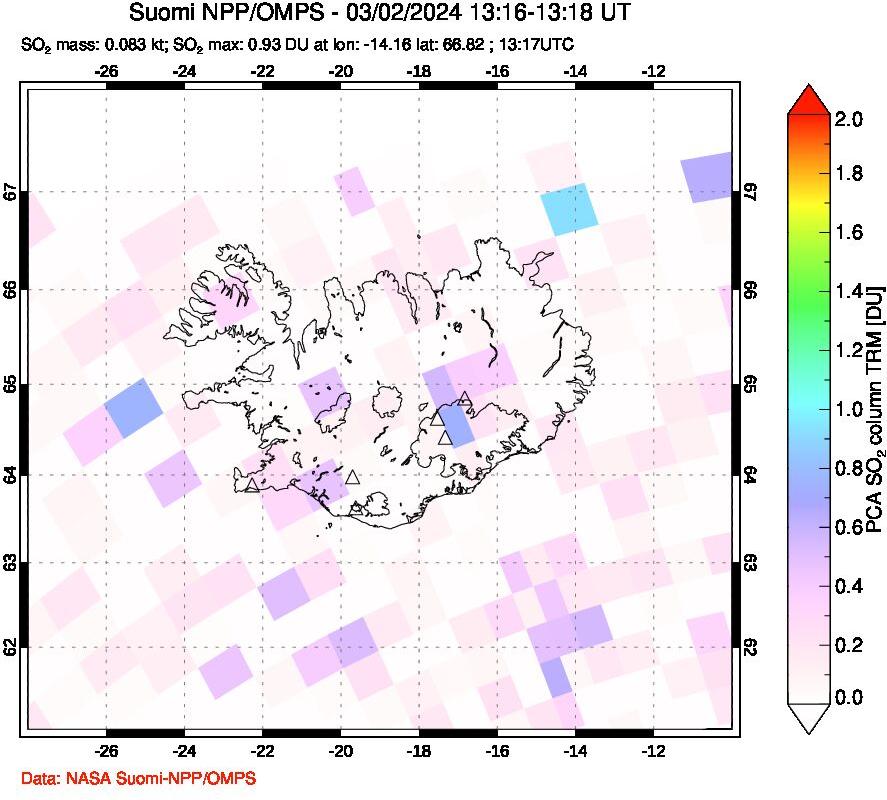 A sulfur dioxide image over Iceland on Mar 02, 2024.