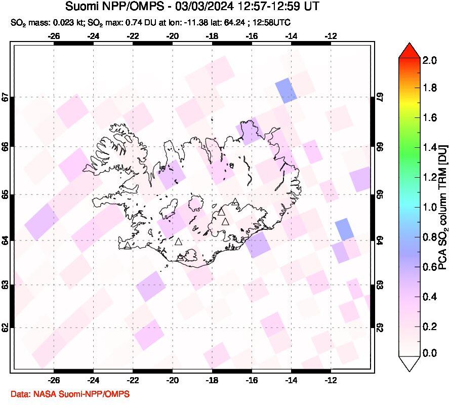 A sulfur dioxide image over Iceland on Mar 03, 2024.