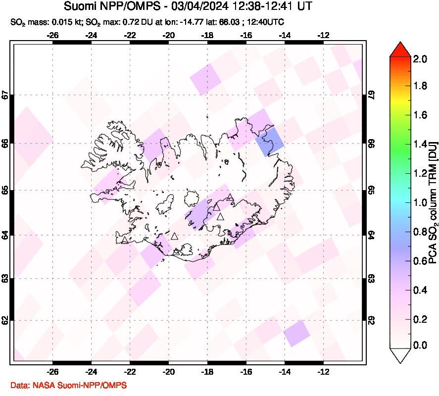 A sulfur dioxide image over Iceland on Mar 04, 2024.