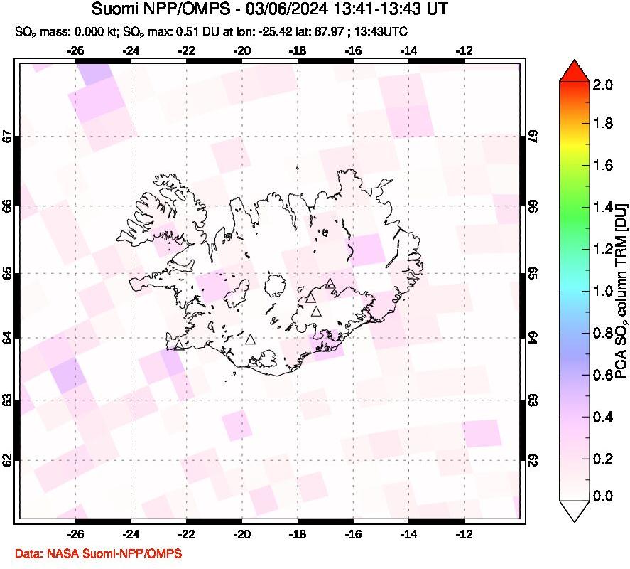 A sulfur dioxide image over Iceland on Mar 06, 2024.