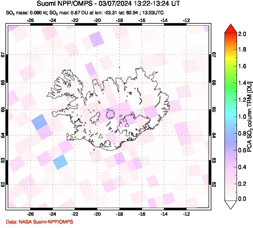 A sulfur dioxide image over Iceland on Mar 07, 2024.