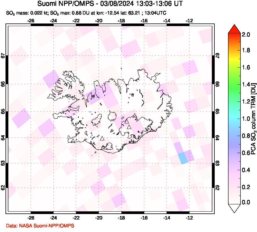 A sulfur dioxide image over Iceland on Mar 08, 2024.