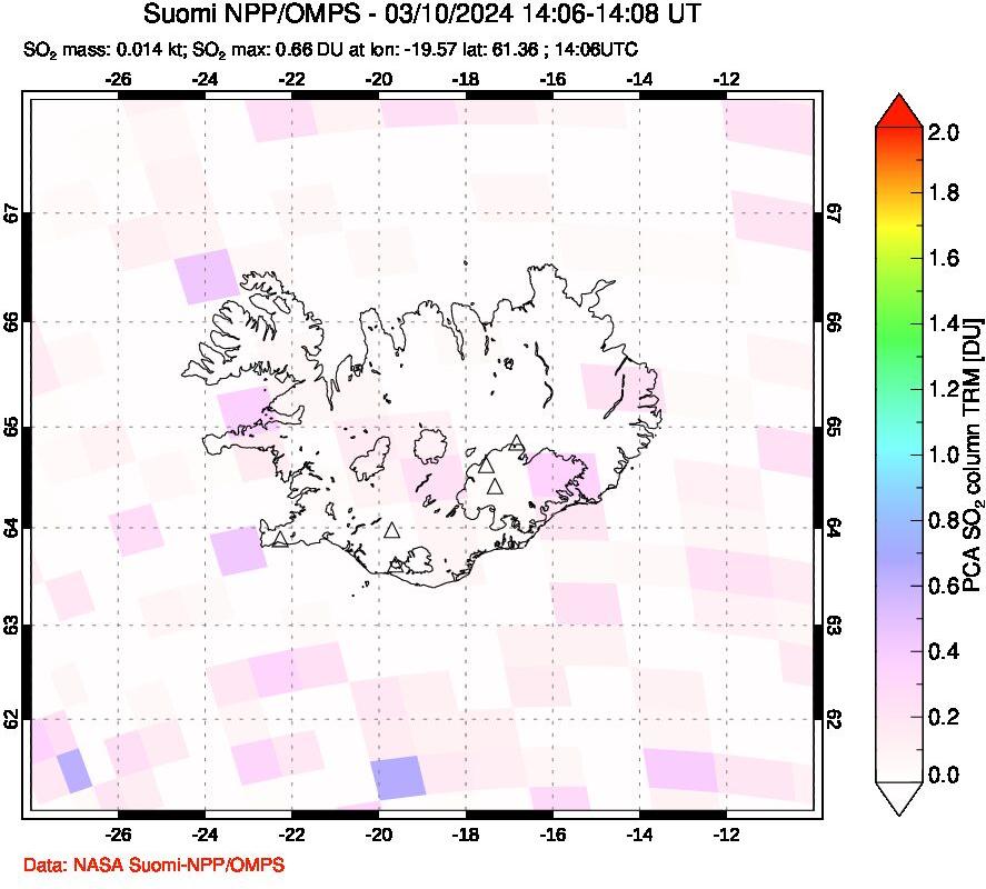 A sulfur dioxide image over Iceland on Mar 10, 2024.