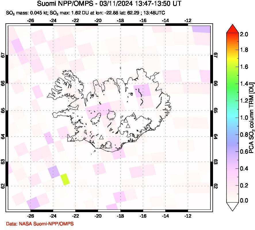 A sulfur dioxide image over Iceland on Mar 11, 2024.