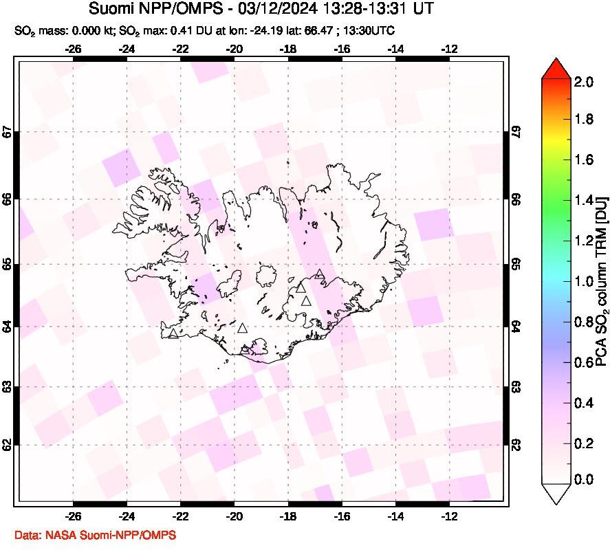 A sulfur dioxide image over Iceland on Mar 12, 2024.