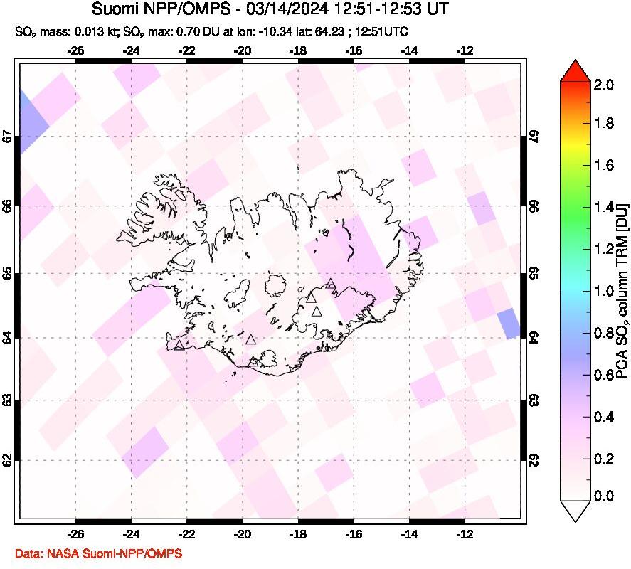 A sulfur dioxide image over Iceland on Mar 14, 2024.