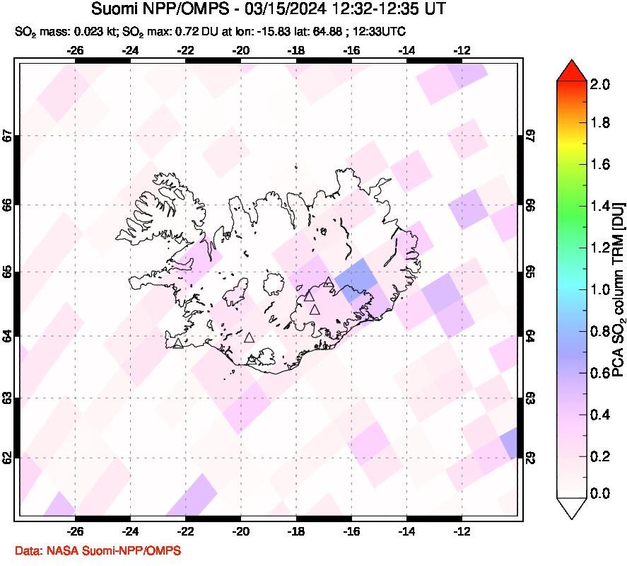 A sulfur dioxide image over Iceland on Mar 15, 2024.