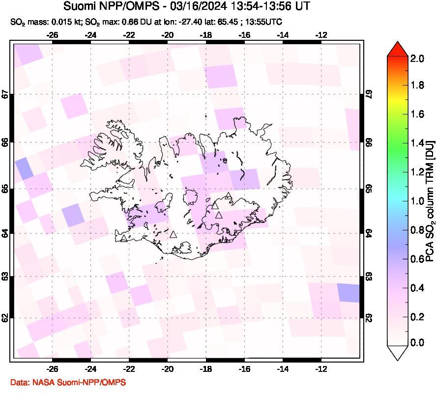 A sulfur dioxide image over Iceland on Mar 16, 2024.