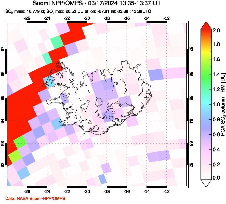 A sulfur dioxide image over Iceland on Mar 17, 2024.