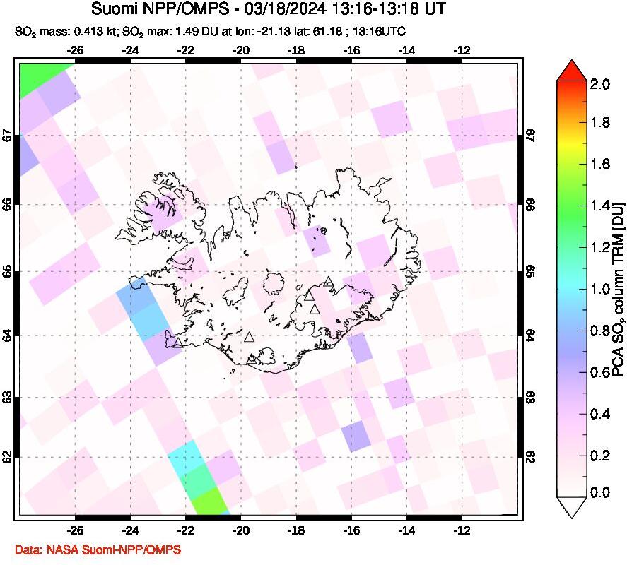 A sulfur dioxide image over Iceland on Mar 18, 2024.