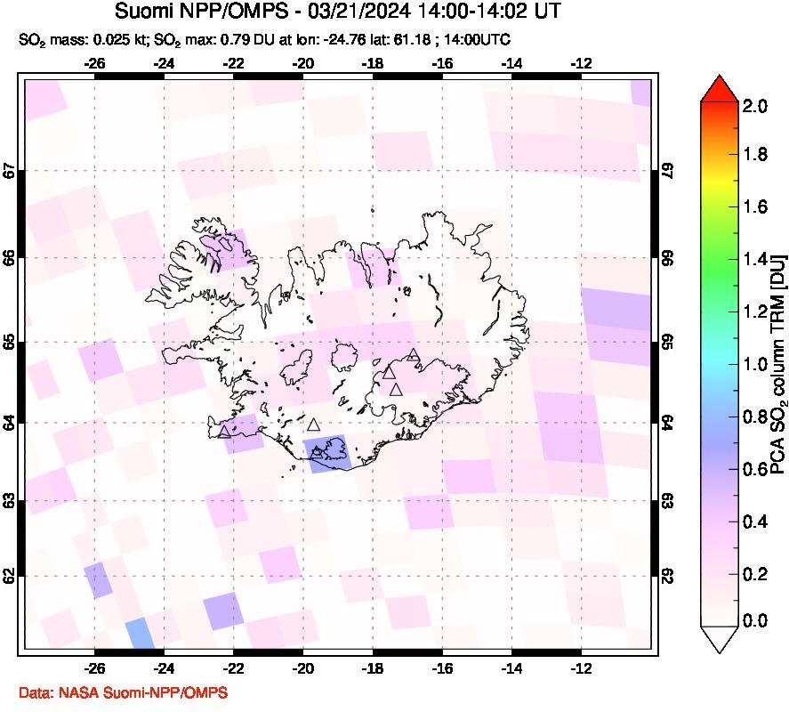 A sulfur dioxide image over Iceland on Mar 21, 2024.