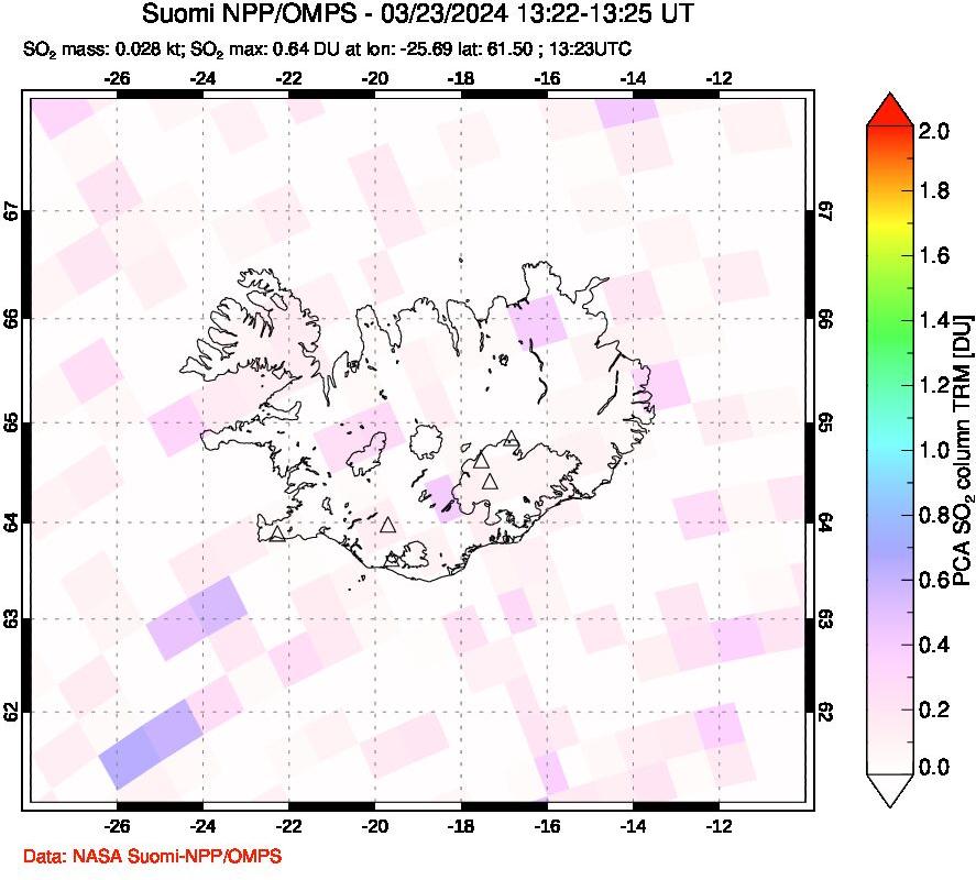 A sulfur dioxide image over Iceland on Mar 23, 2024.