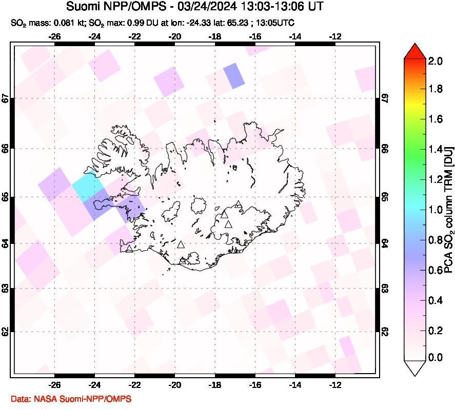 A sulfur dioxide image over Iceland on Mar 24, 2024.