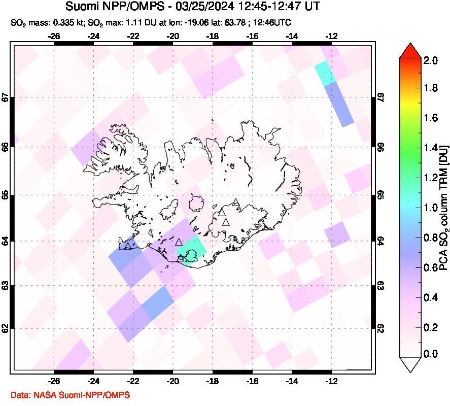 A sulfur dioxide image over Iceland on Mar 25, 2024.