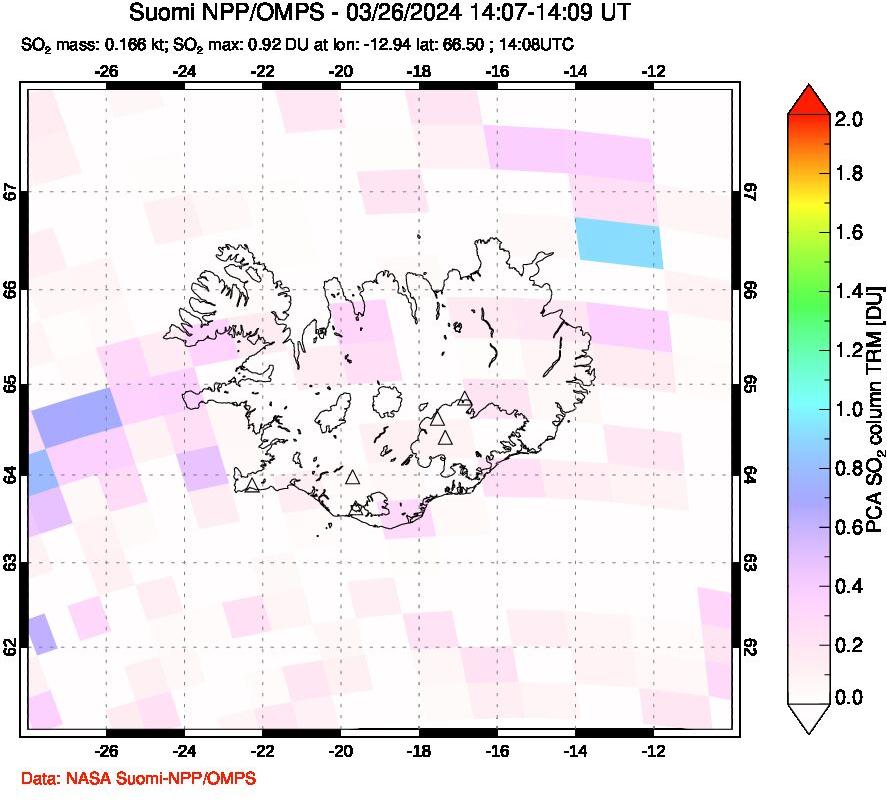 A sulfur dioxide image over Iceland on Mar 26, 2024.