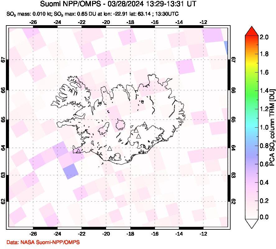 A sulfur dioxide image over Iceland on Mar 28, 2024.