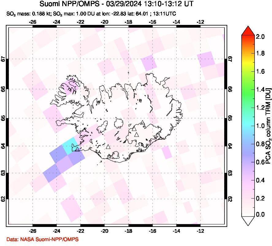 A sulfur dioxide image over Iceland on Mar 29, 2024.