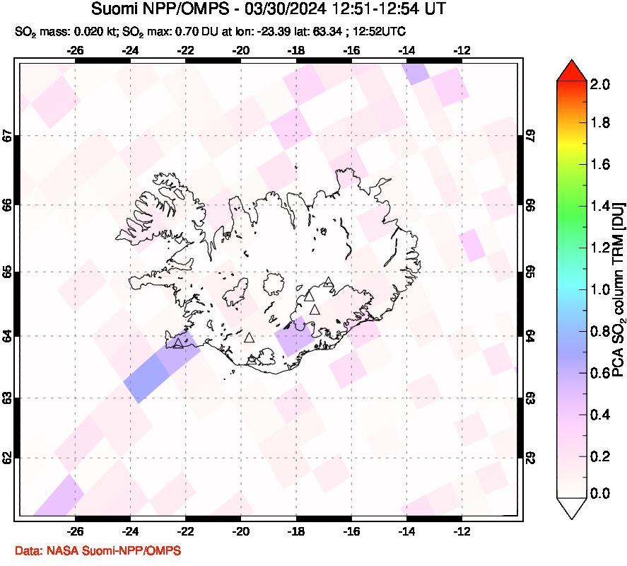 A sulfur dioxide image over Iceland on Mar 30, 2024.